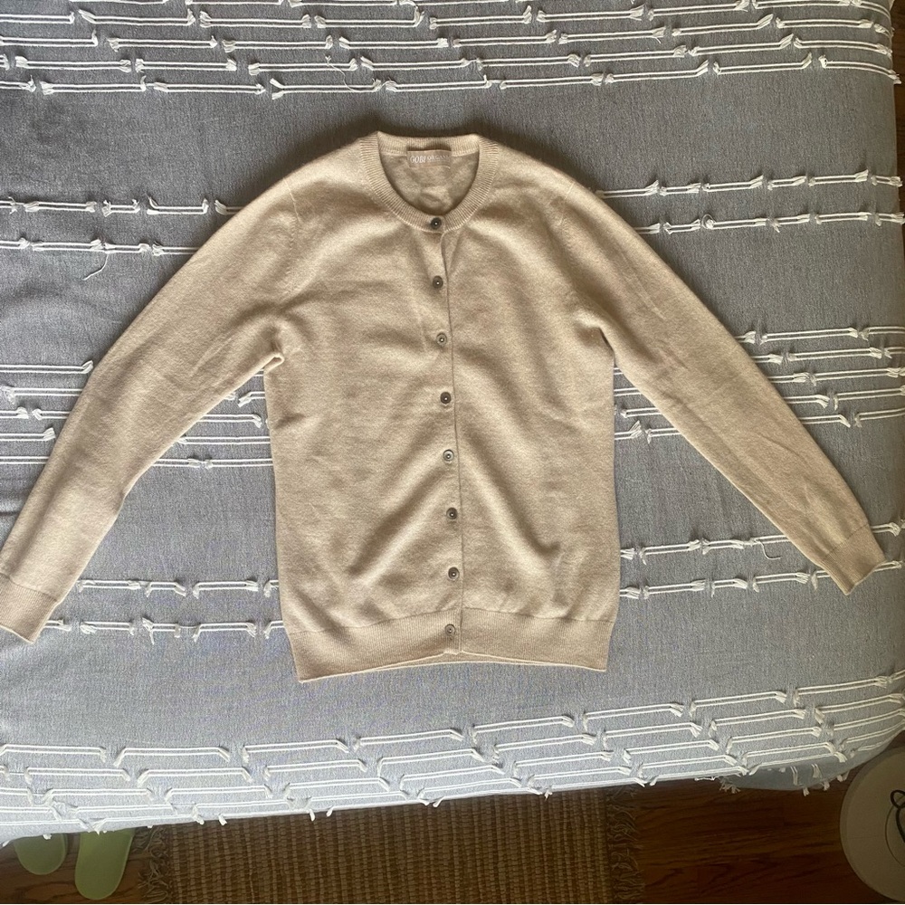 Classic Cashmere Cardigan Crewneck Button-Front Sweater in Beige